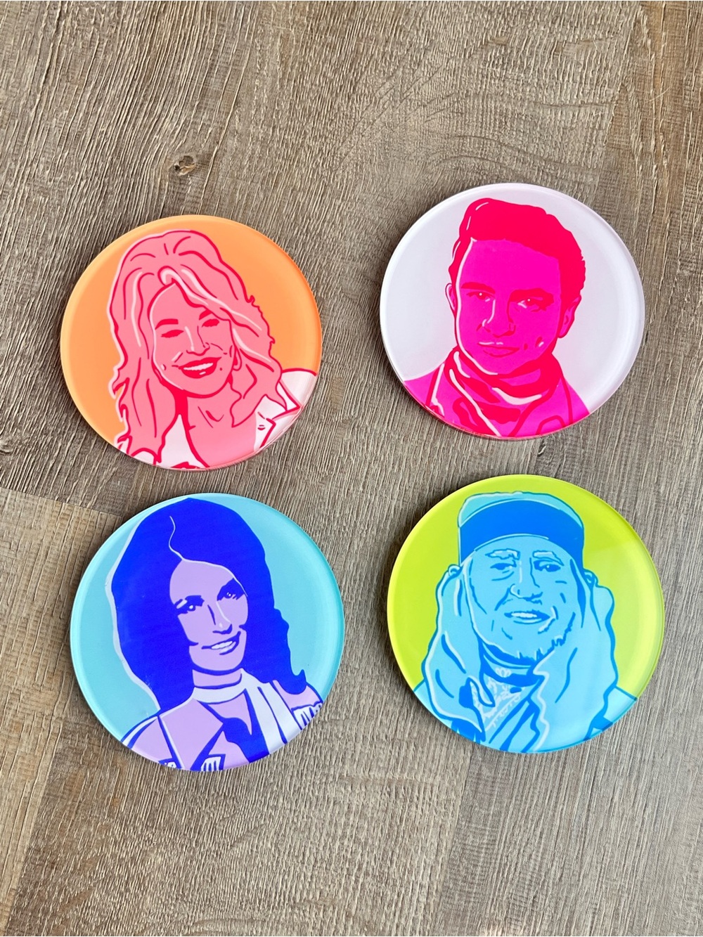 Tart by Taylor acrylic coasters music legends Dolly Johnny Loretta Willie